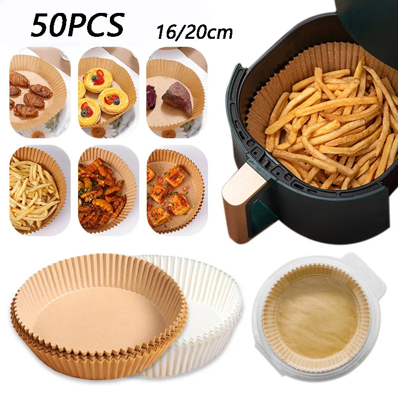 50 Pcs 16/20cm Air Fryer Disposable Paper Liner 6.3 Inch/ 7.9 Inch Non-Stick Baking Paper Food Grade Parchment Paper Oil-Proof