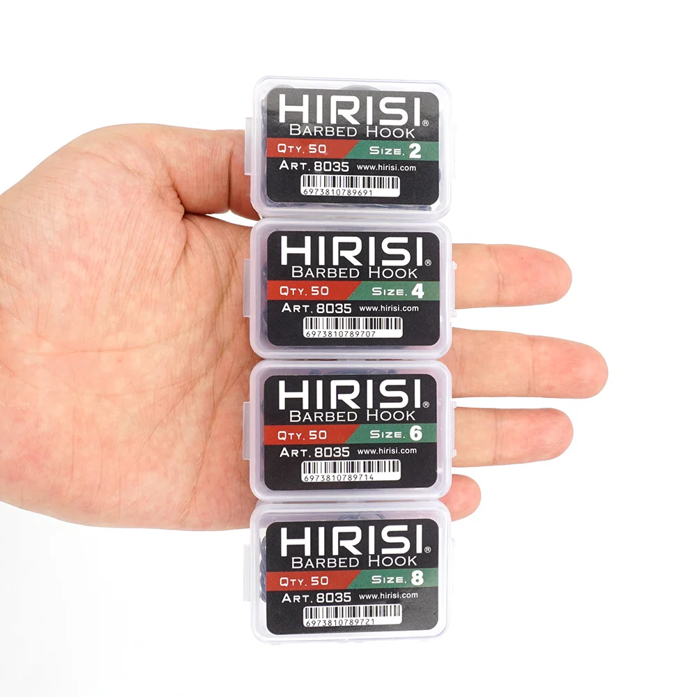 Фото Рыболовные крючки Hirisi, 50 шт., микро, с зазубринами, из высокоуглеродистой нержавеющей стали, с PTFE-покрытием, с ушком, соединяемые, в коробке, рыболовный инструмент №4