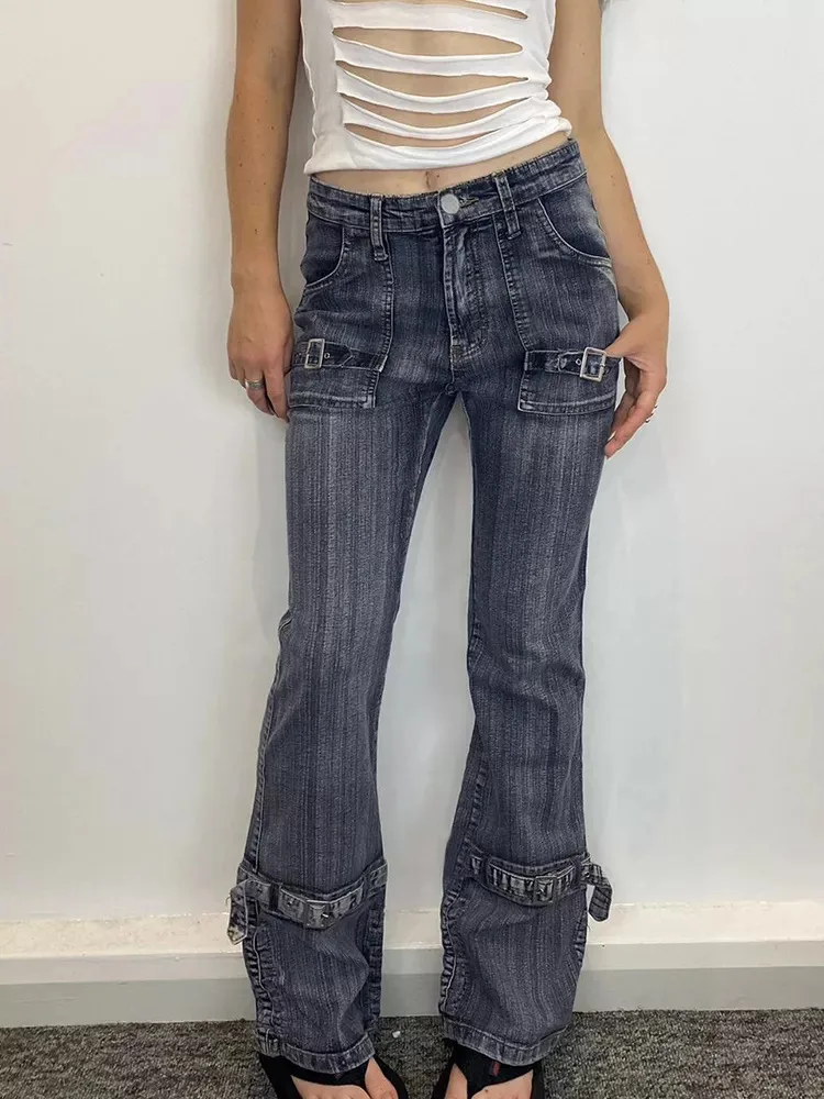 

y2k Vintage Cargo Jeans Bandage Low Waisted Retro Aesthetic Korean Pants Streetwear Women Grunge Trousers 2000s Pants