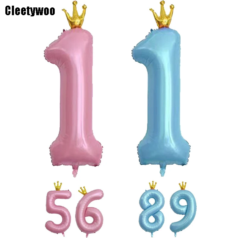 

40inch Pink Blue Crown Number Foil Balloons Kids 1 2 3 Years Birthday Decoration Large Digit Helium Balloons Wedding Baby Shower