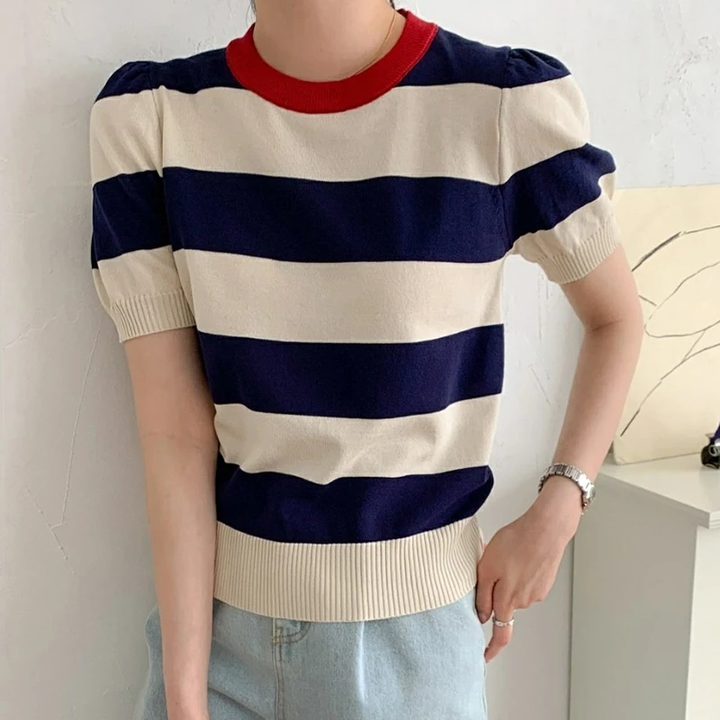 

2023 Summer Korean Fashion Women Tops Striped O Neck Knitted Sweater Ice Silk Short Sleeve Pullovers Female Sueters De Mujer