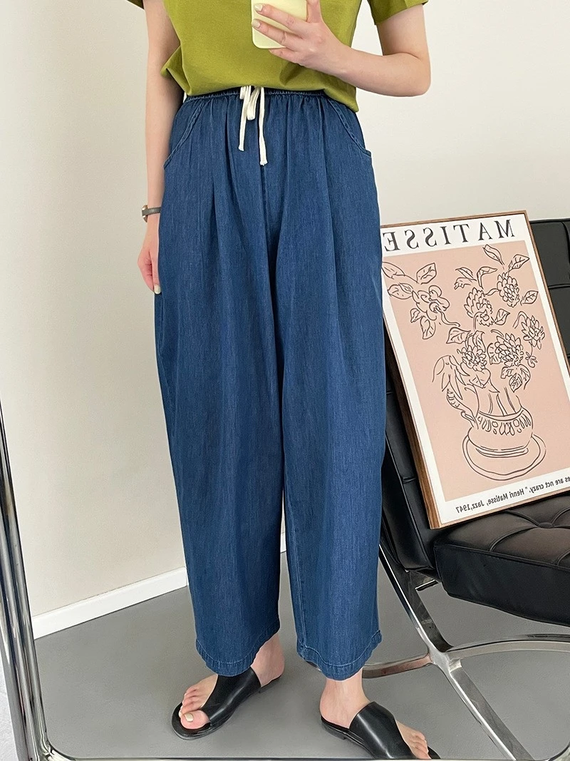 

Летние модные милые свободные простые джинсы на шнуровке с высокой талией и широкими штанинами женские джинсовые прямые джинсовые брюки дл...