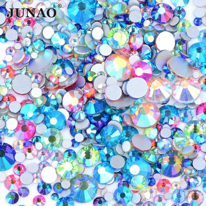 

JUNAO 1400Pcs SS6 8 10 12 16 20 Random Mix AB Mix Size Glass Rhinestones Round Crystal Stone Non Hotfix Strass For Nail Art