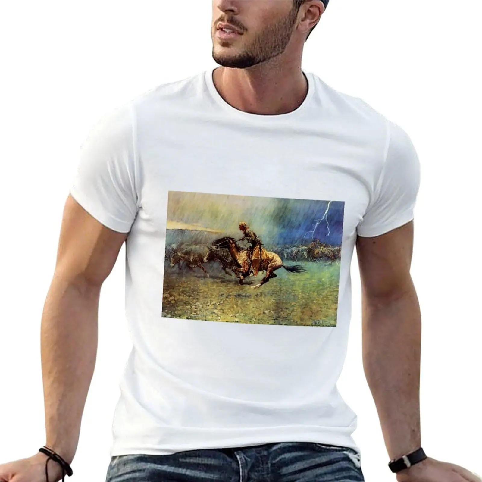 Фото Футболка Frederick Remington Western Art «The Stampede», хлопковая футболка, комплект футболок, мужская дизайнерская футболка №1