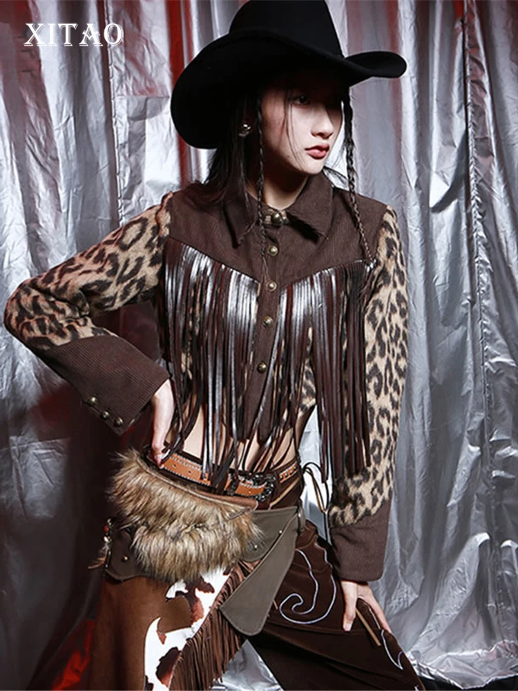 

XITAO/Куртки с кисточками; Модные Лоскутные повседневные куртки с леопардовым принтом и отложным воротником; Универсальные Женские куртки в у...