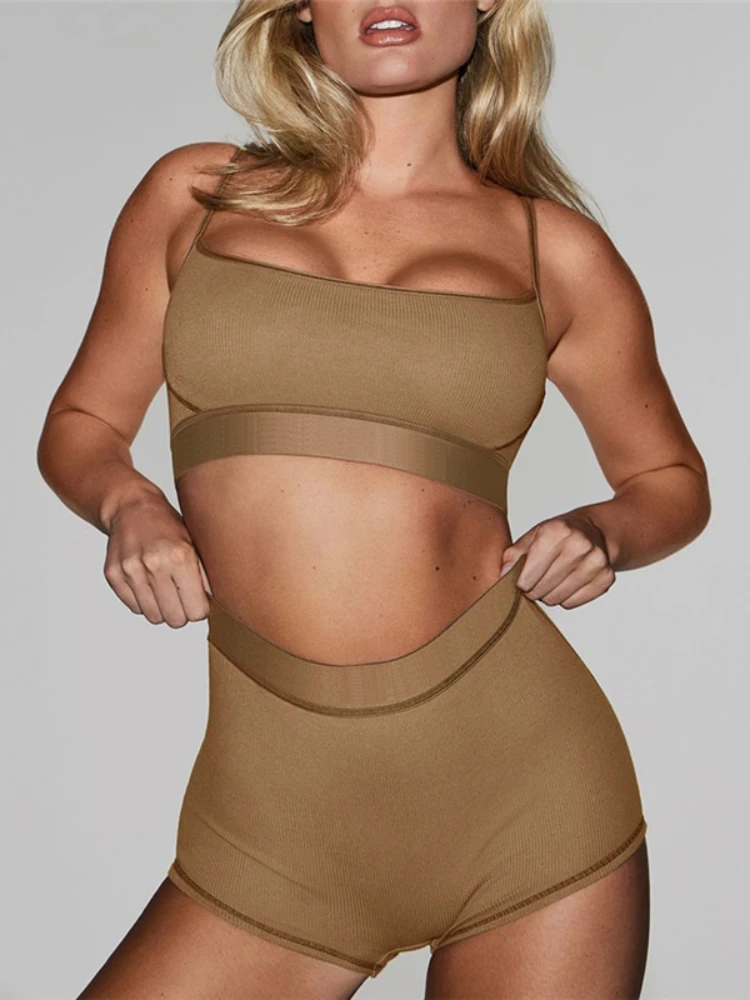 

Summer Women Casual Milk Silk Two Piece Set K23S38537 Junior Girl Solid Camisole+Short Outfit Fitness Jogging Tracksuit