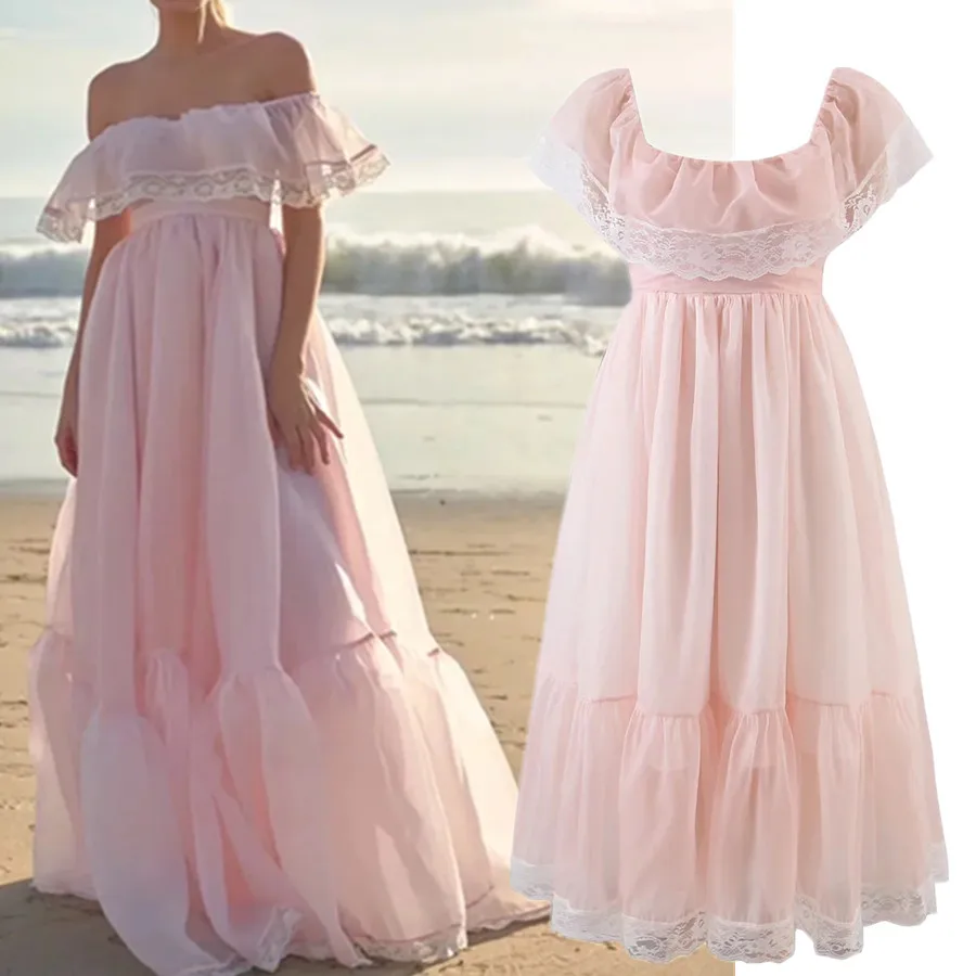 

Withered Holiday Vintage Lace Splicing Slash Neck Sext Party Dress Beach Collect Waist Organza Fashion Long Dress Women