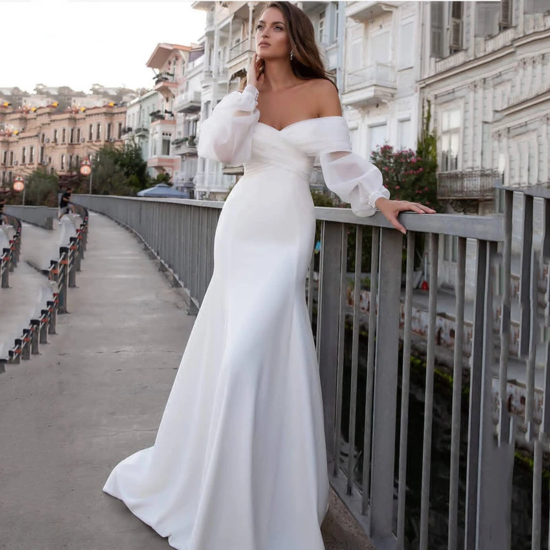 

Mermaid Wedding Dresses Long Fuff Sleeve Sexy Lace Beach Bride Dresses Off The Shoulder Boho Bridal Gowns