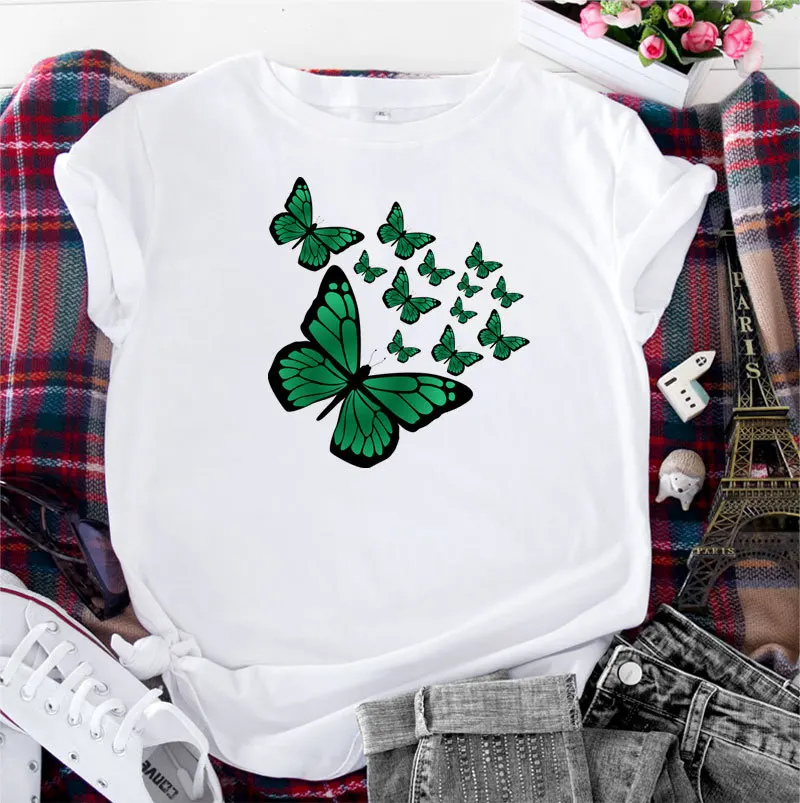 Летняя Хлопковая женская футболка с принтом бабочки коротким рукавом и