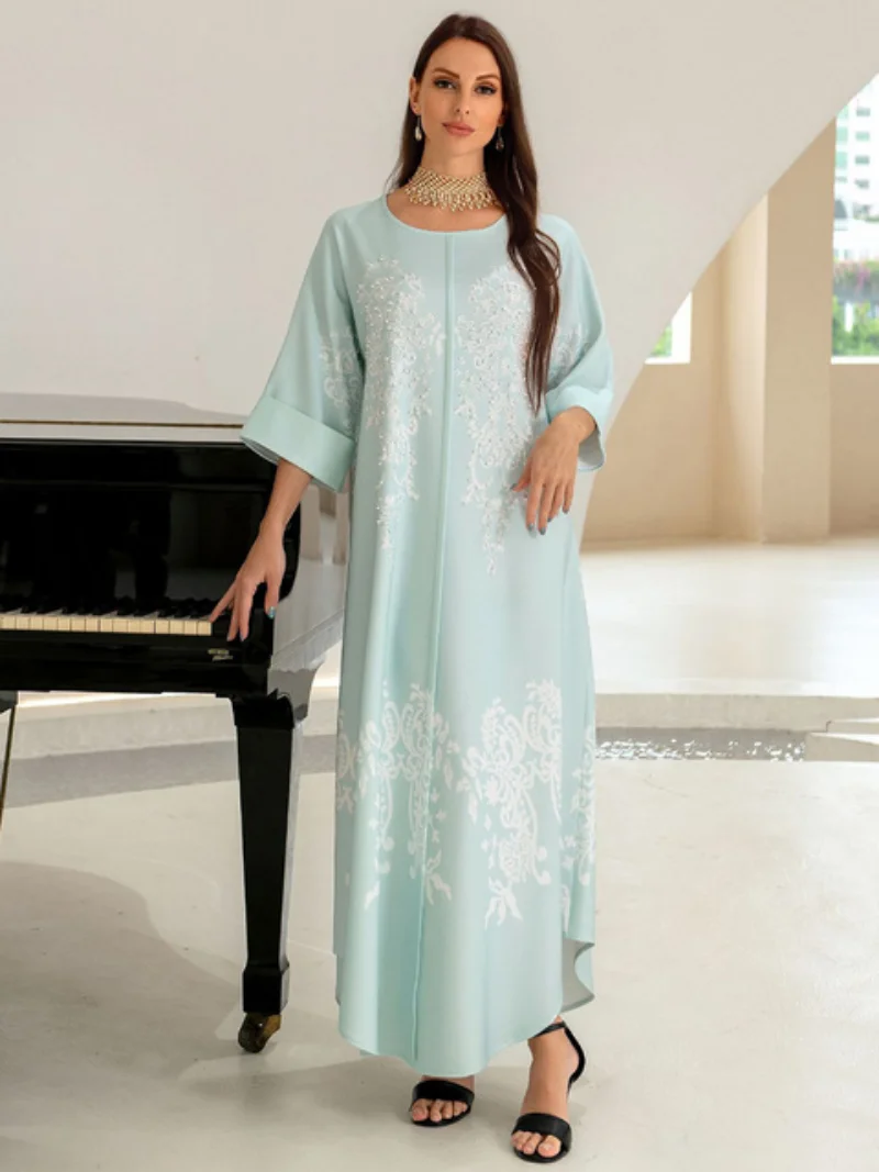 Arab Long Dress for Women Elegant Ethnic Print Beaded Muslim Moroccan Jalabiya Corban Eid Al Adha Party Evening Dresses