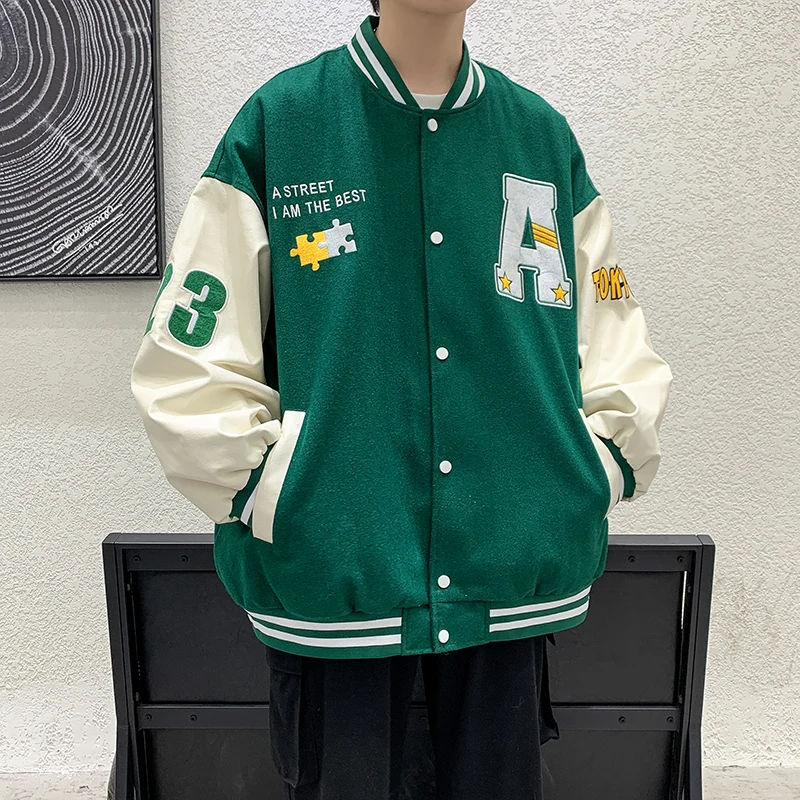 

Mens Varsity Jackets Casual PU Leather Patchwork Bomber Jackets Streetwear Fashion College Jackets Autumn Winter Outwear Unisex