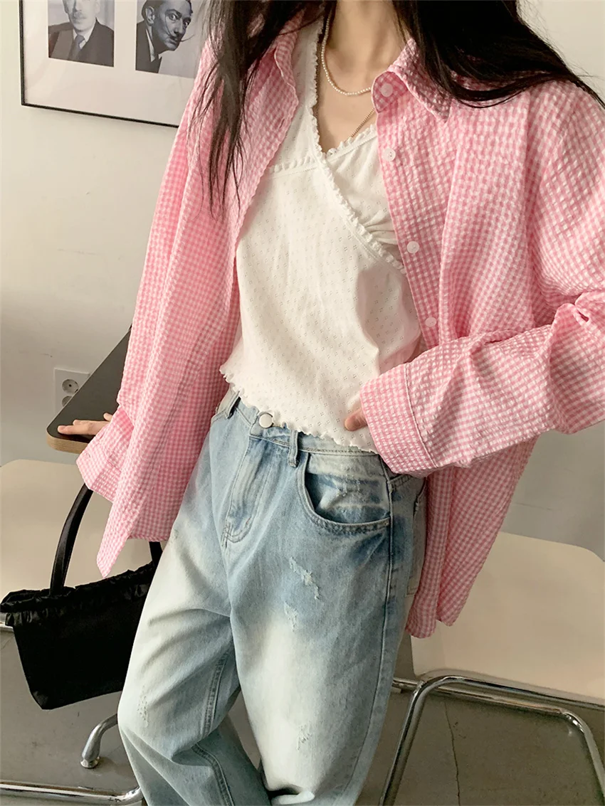 Рубашка женская Солнцезащитная в клетку с длинным рукавом стиле кэжуал