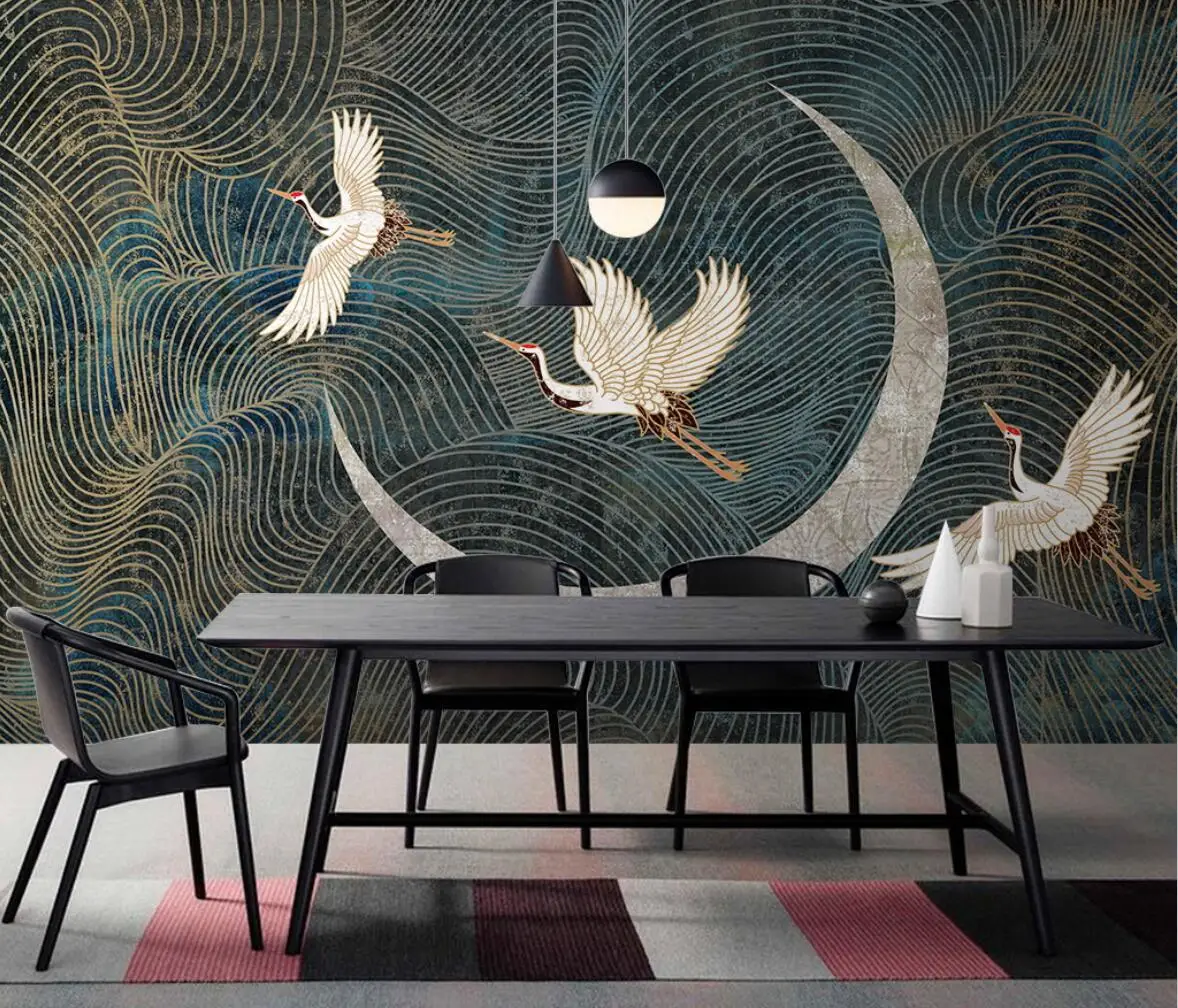 

beibehang custom line pine tree crane moon Mural Landscape Wallpaper for Living Room TV Sofa Study Fresco Papel De Parede 3D