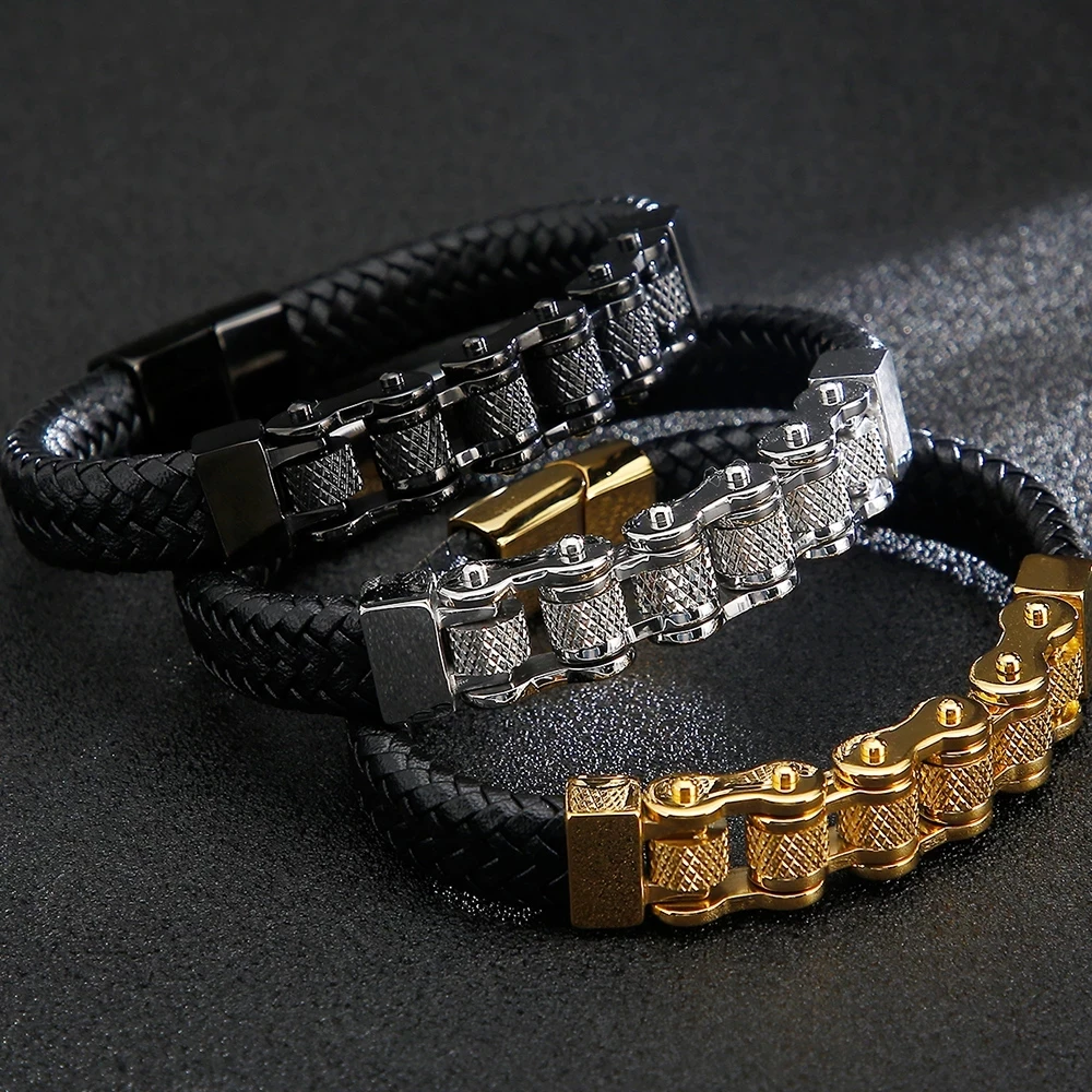 

Black Genuine Leather Bracelet For Men Hiphop Vintage Stainless Steel Bike Biker Motorcycle Chain Bracelets Wristband Jewelry