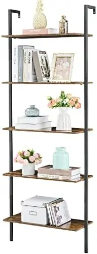 Bookcase, Ladder Shelf, 5-Tier Wood Wall Mounted Bookshelf with Stable Metal Frame, Open Display , Storage Shelves for Bedroom,H