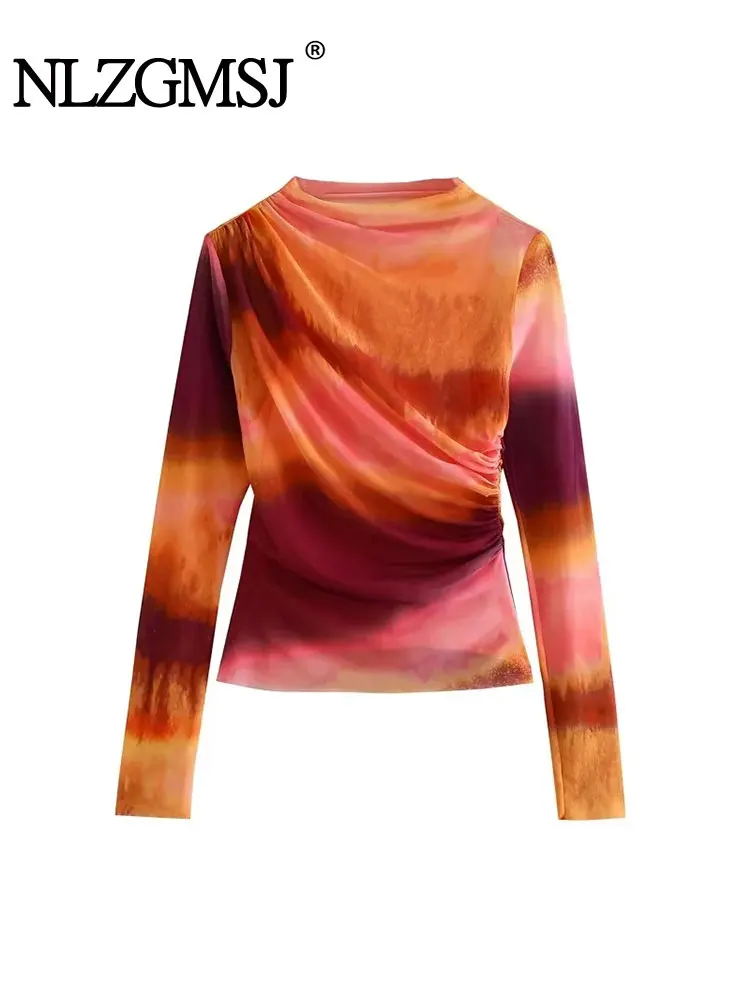 

Кроп-Топ женский сетчатый прозрачный с принтом и рюшами, длинным рукавом