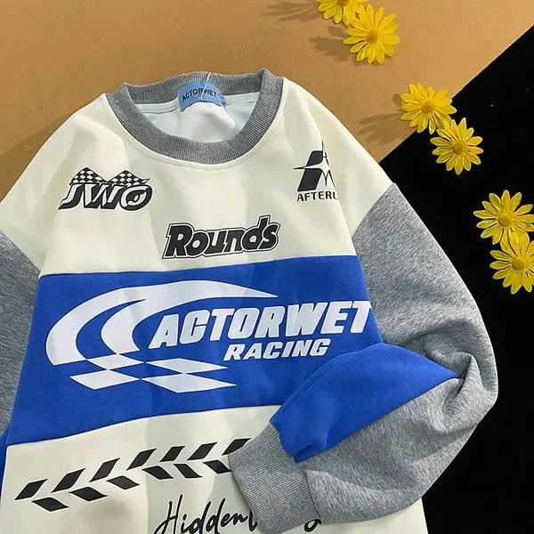 

American Street Motorcycle Wind Color Matching Letter Sweatshirt Men Women Hoodies Pullover O Neck Casual Students Casual Autumn