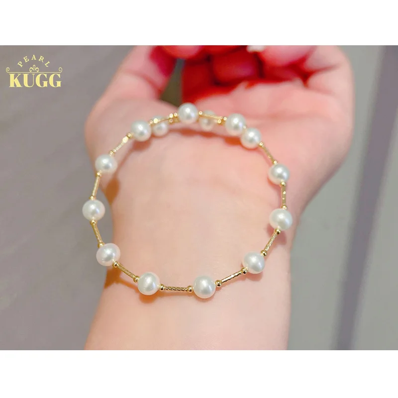 

KUGG PEARL 18k Yellow Gold Pearl Bracelet 6.5-7mm Natural Freshwater Pearl Classic Elegant Design Exquisite Jewelry for Women