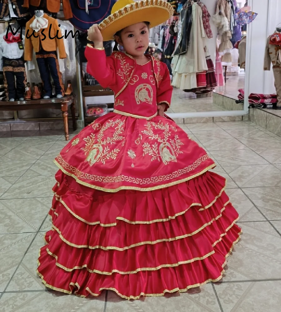 Фото Folklorico мексиканское платье с цветочным узором для девочек с курткой, красное платье, мини-платье Quinceañera, пышное платье Мариичи для дня рождения по индивидуальному заказу №1