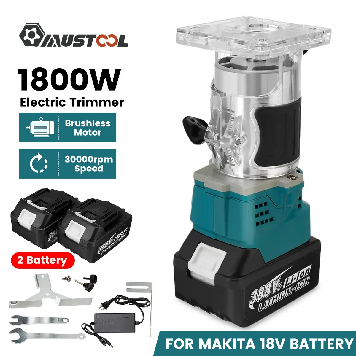 

1800W 30000rpm Brushless Electric Hand Trimmer Cordless Inclined Socket Wood Router Woodworking Engraving for Makita 18V Battery