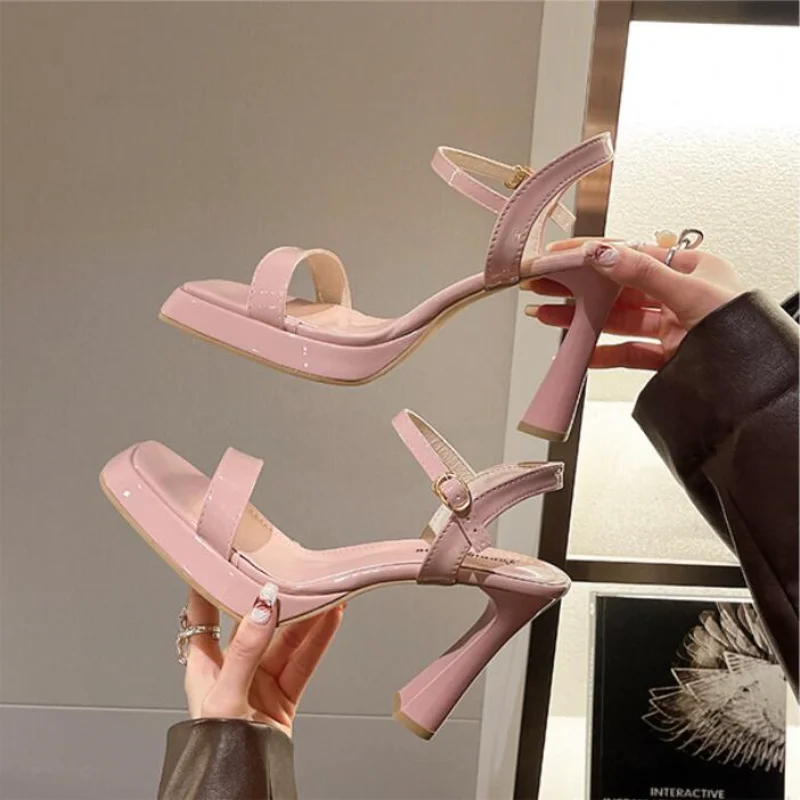 

New Summer Sandals Ladies Ankle Strap Heeled Sandals Women Fashion Square Toe Platform High Heels Woman Buckle Sandals Shoes