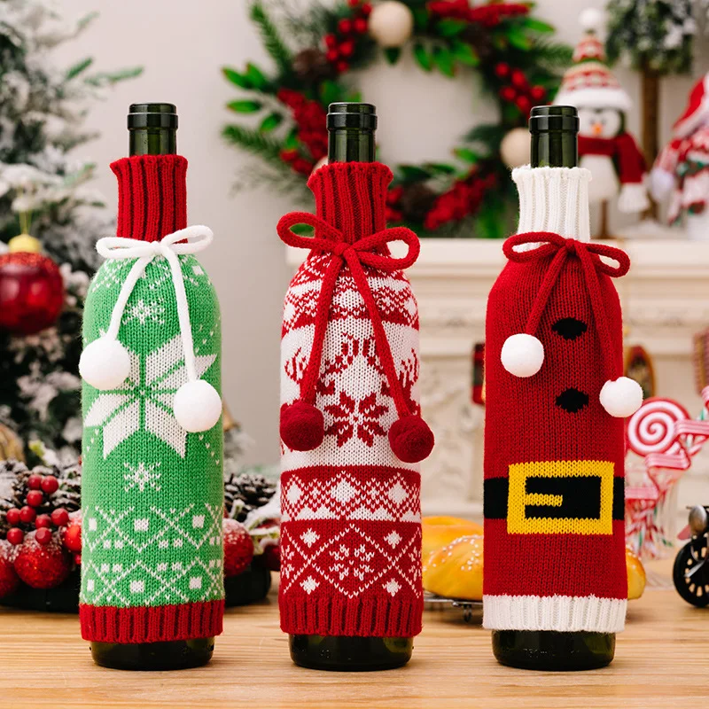 

Cross-border new Christmas decoration items knitted wine bottle sleeve woolen champagne wine set Christmas snowflake wine cover