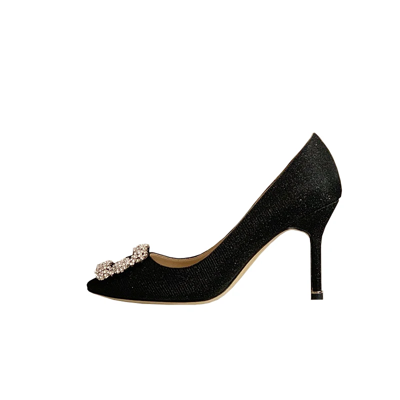 Fashion Women's Single Shoes Spring and Summer New Style Rhinestone Square Buckle Flat Bottom Pointed Party High Heels