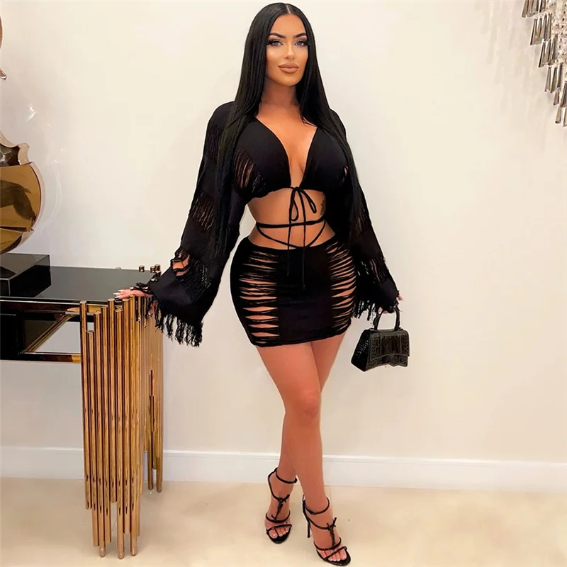 

2023 New Summer Fashion Sexy Low Breast Tie up Crop top High Waist Slim elegant two piece Skirt Set for Women