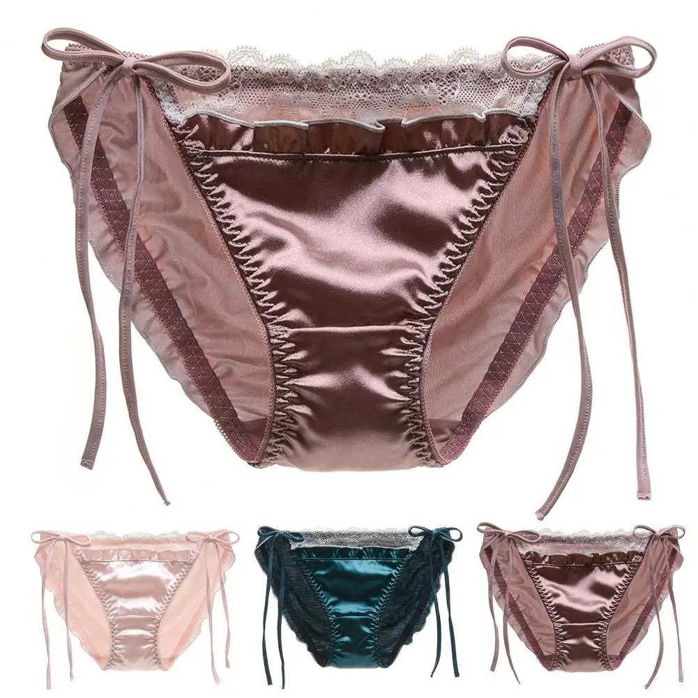 

Women Panties Lace Patchwork Lace Up Underpants Satin Seamless Breathable Lady Briefs Anti-septic Mid Waist Shirring Underwear