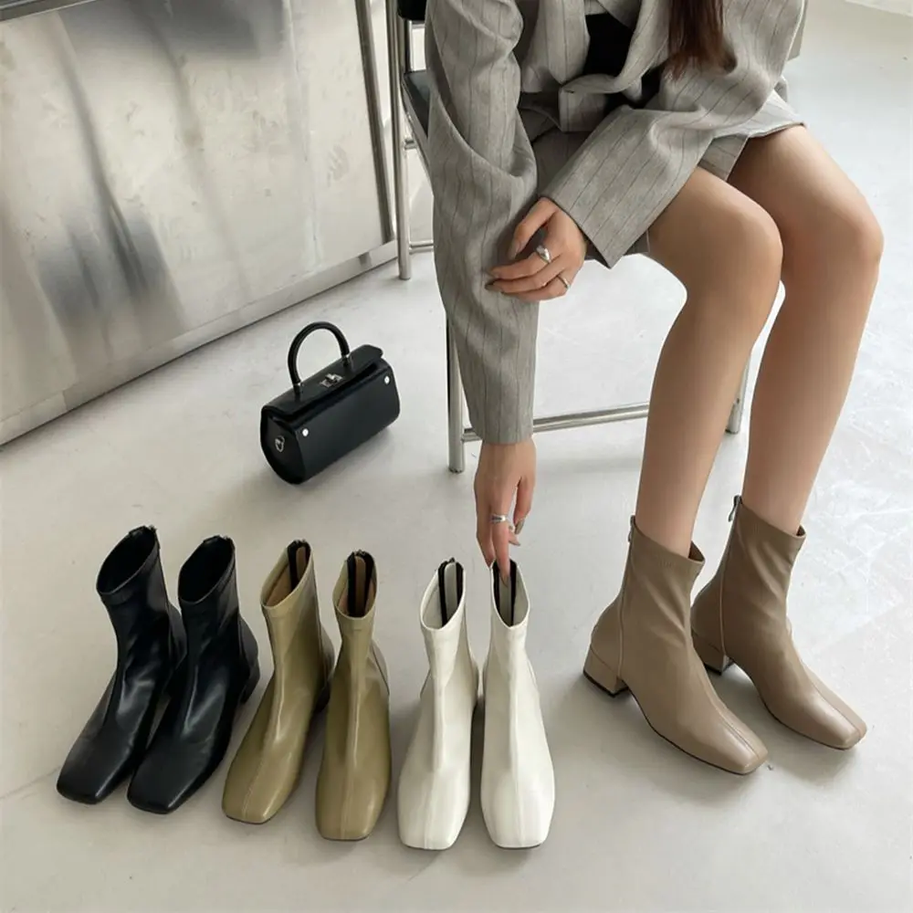 

Square Toe Women Ankle Boots Stretch Shoes Back Zipper Black/White/Green/Khaki Short Booties Dress Shoes Woman Autumn Sock Botas