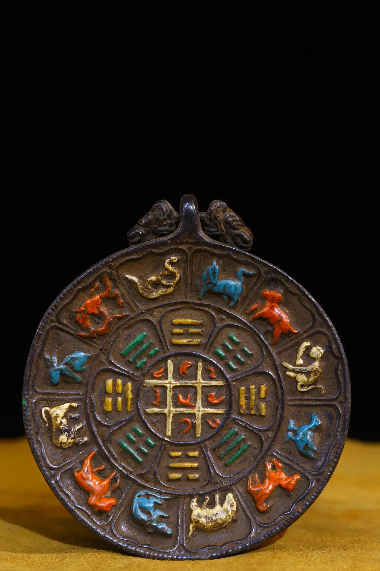 

5"Tibet Temple Collection Old Bronze Painted 12 Zodiac Textures Buddha card Amulet Dharma Worship Hall Town house Exorcism