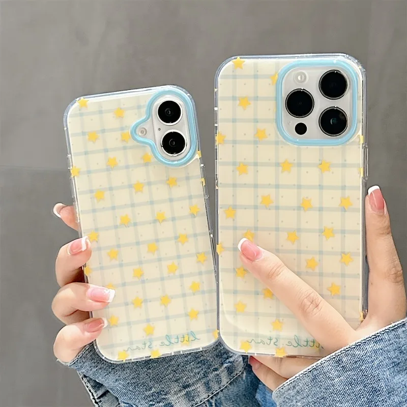 Фото Желтый чехол для телефона с узором в клетку и звезды для iPhone 17 Pro, 16, 15, 14, 13, 12, 11 Pro Max, 16e, Air, XR, XS Max, 7, 8 Plus, противоударный чехол №1