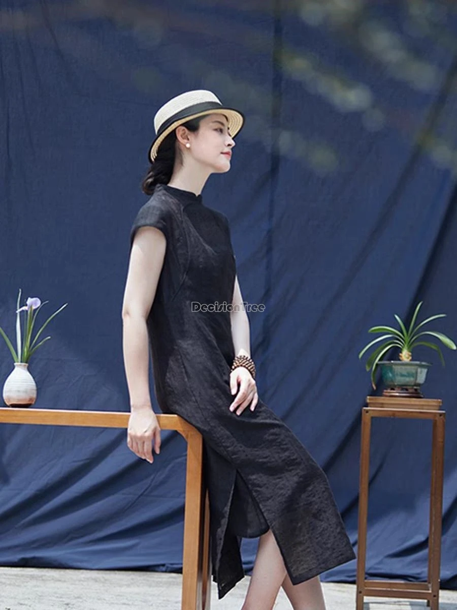 2024 Ретро китайское этническое стильное хлопковое льняное платье Ципао летнее