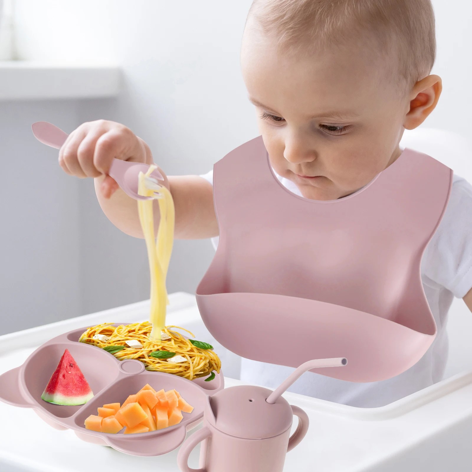 

New 8Pcs Baby Feeding Set Silicone Baby Tableware Set Reusable Baby Led Weaning Supplies Washable Suction Baby Bowl and Plates 2