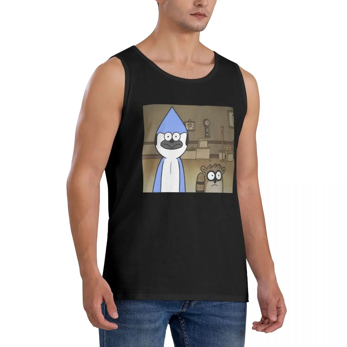 Фото Футболка без рукавов Mordecai And Rigby из 100% хлопка, мужская спортивная одежда для тренировок, топы, мужской жилет с круглым вырезом №2