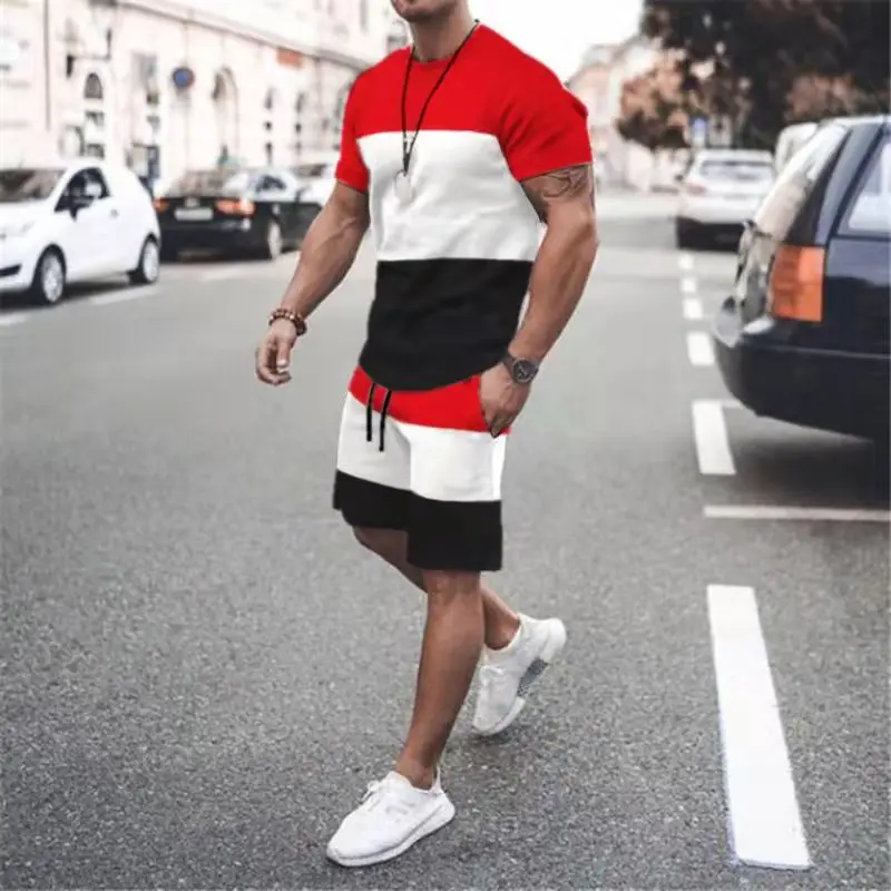 New Fashion Men's T-shirt Set Solid Color Panel Pattern 3D Printed Short Sleeve T-shirt Shorts Plus Size Casual Summer Set