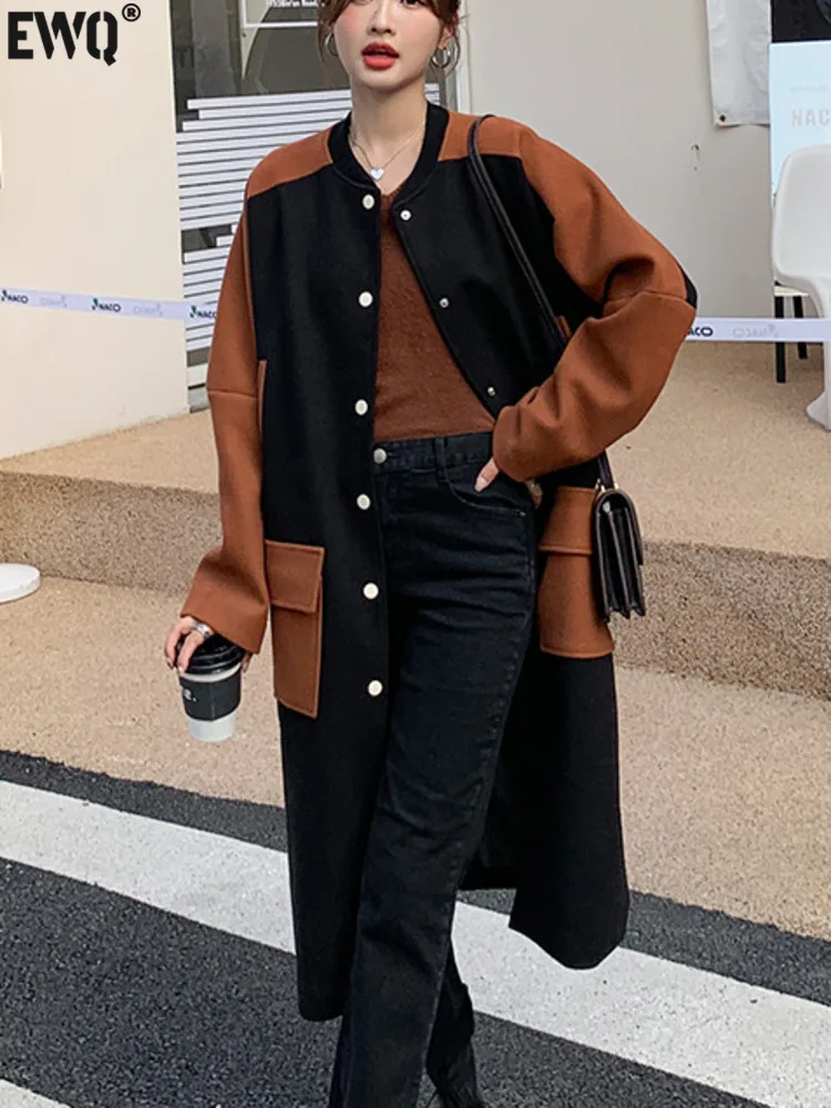 

[EWQ] Contrasting Color Patchwork Mid Length Elegant Fashion Women's Jackets Trench Coat Windbreaker 2023 Autumn Winter 16U5978