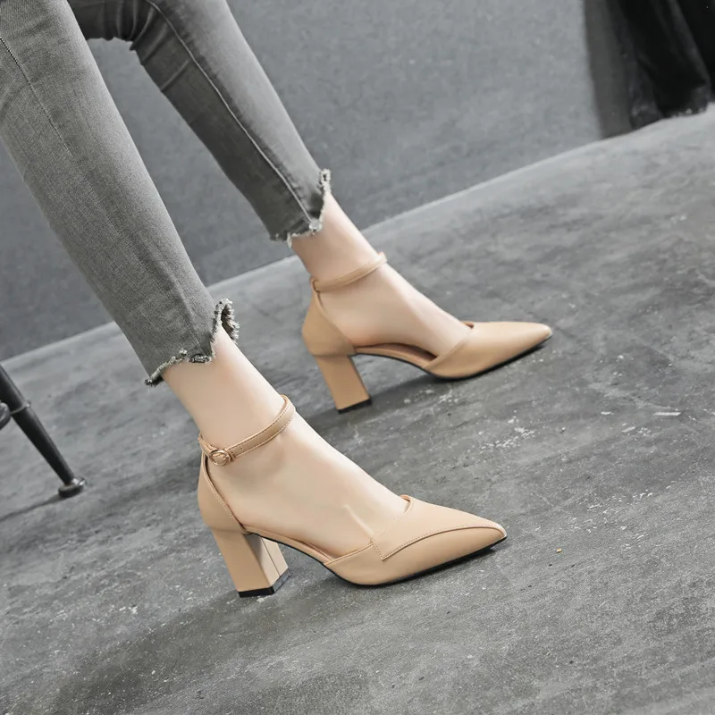 

Women Sandals Pointed-toe Plus Size 33-43 Summer Pumps For Womans Office Shoes Mid Heel Ladies Party High Heels 7cm Chunky heel