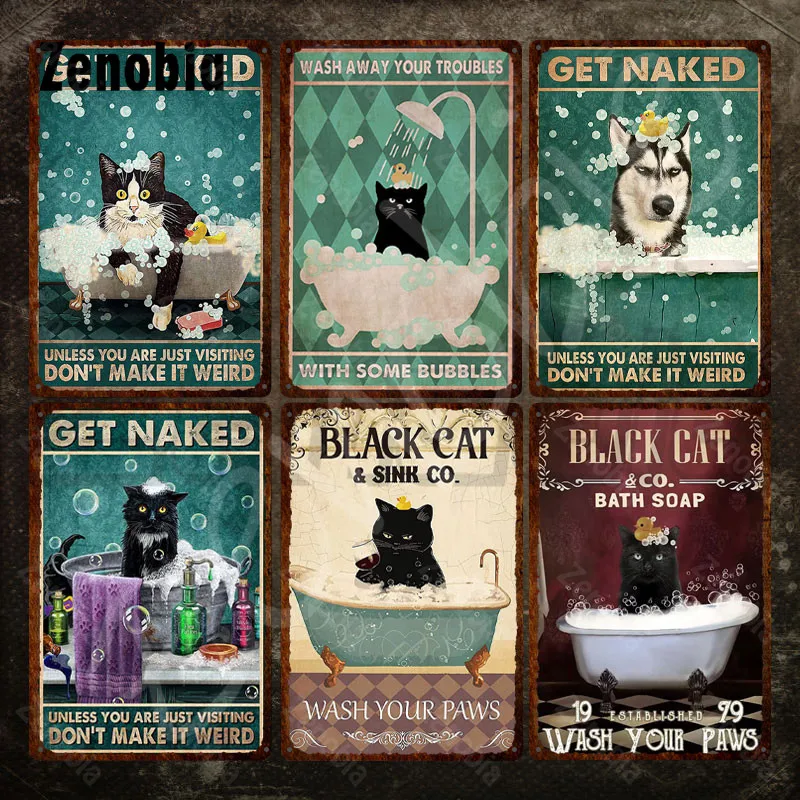

Cute Cats Tin Sign Bathroom Decoration Black Cat &.co Bath Soap Wash Your Paws Funny Metal Poster Vintage Plaque Metal Plate
