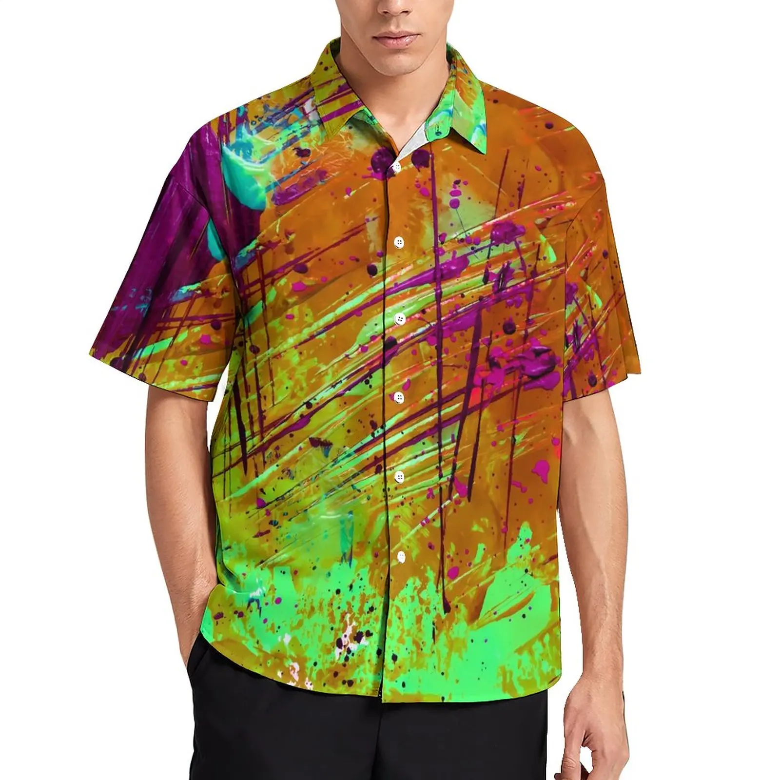 

Neon Paint Casual Shirts Abstract Splatter Print Vacation Shirt Hawaii Fashion Blouses Male Graphic Plus Size