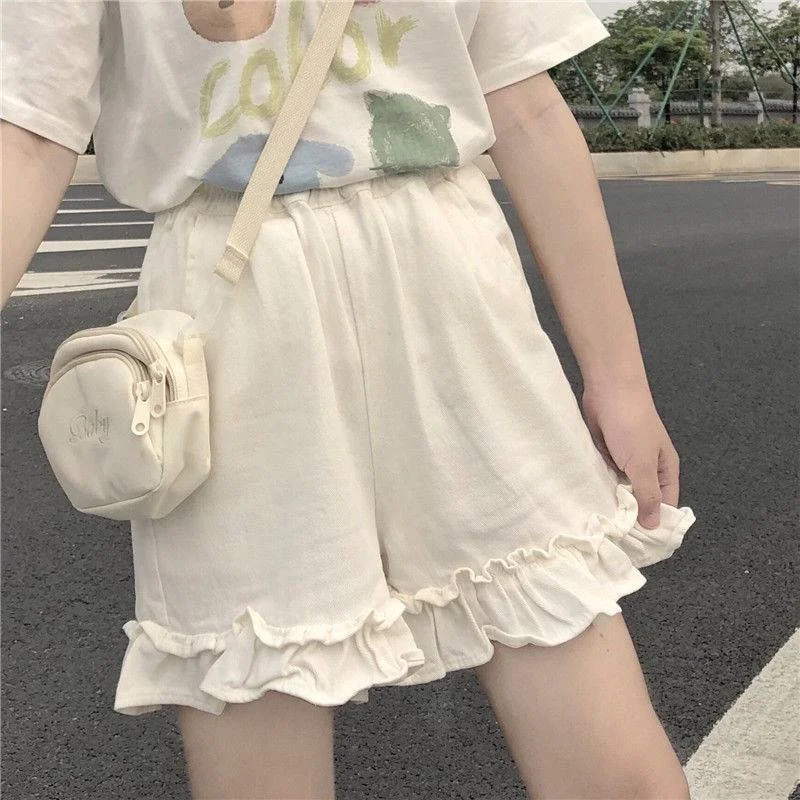 Shorts Women Korean Style Loose Harajuku Sweet Girls Summer Preppy All-match Elastic High Waist Ruffles Trousers Fashion Casual