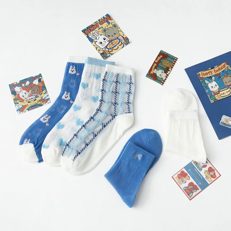 

Korean Version Kawaii Japanese Socks Women's Cartoon Woman Clothes Cute Harajuku Mesh Medium Tube Academic Style Breathable Blue