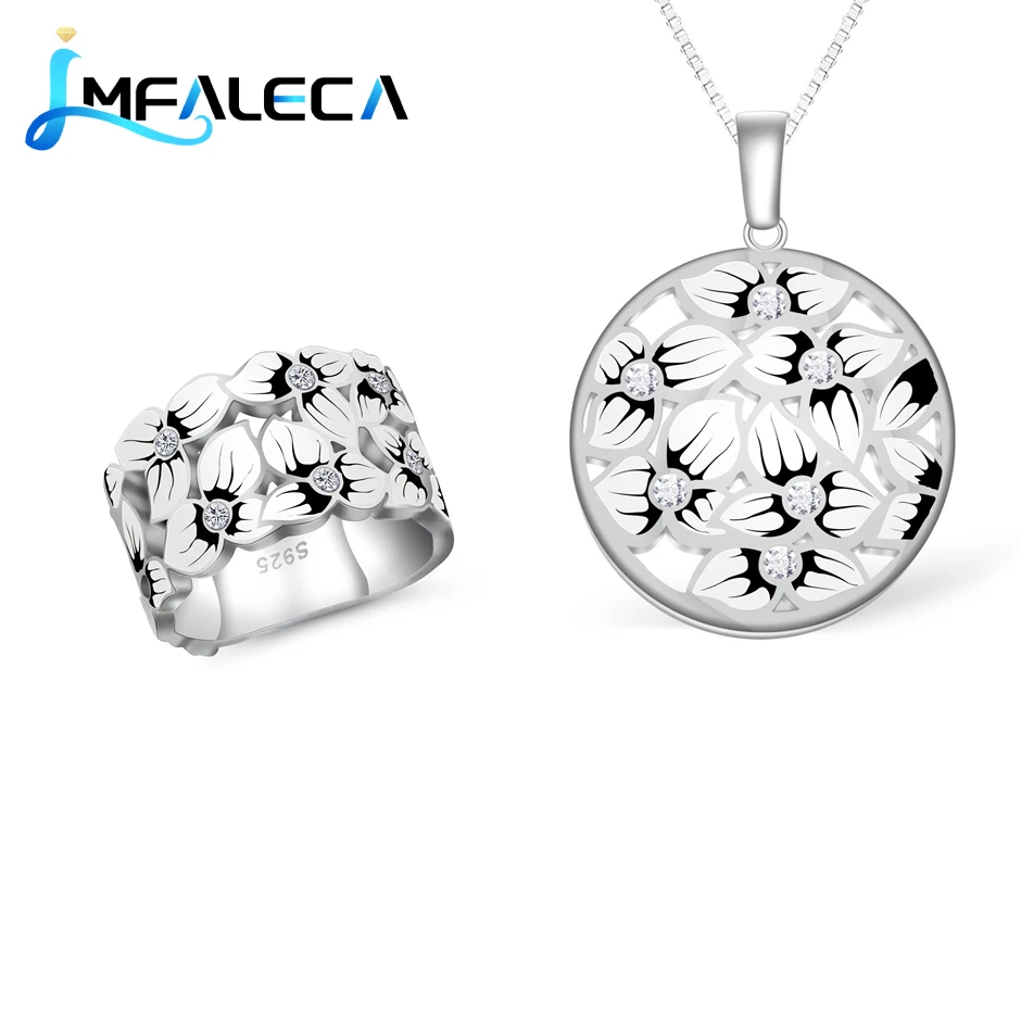 Silver Necklace Ring Jewelry Set for Women Black Enamel Flower 925 Sterling Silver Pendant with Zircon Fine Jewelry