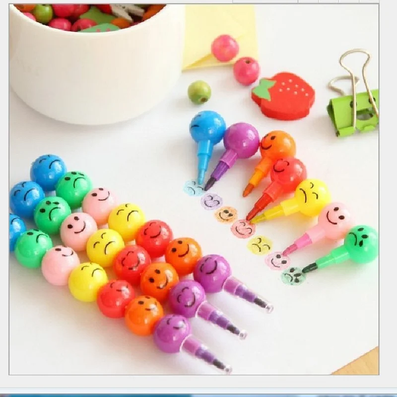 

5pcs 7 Color Crayons Cartoon Smiley Face Expression Candy Gourd Pen Children Students Painting Stationery School Office Supplies