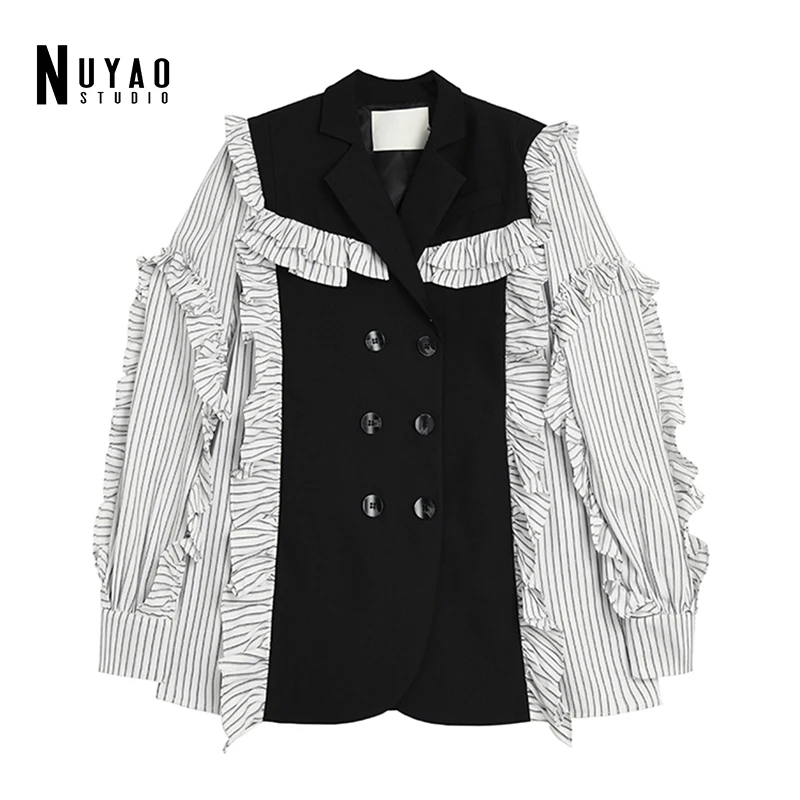 

Women Blazer Ruffle Patchwork Color Matching Black Blazers Lapel Jackets Irregular Retro Suit Coats 2021 Autumn Fashion Feamle