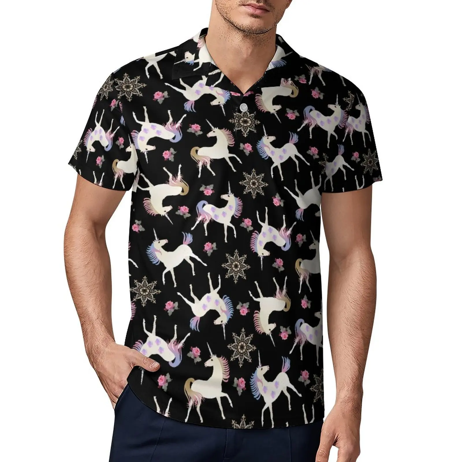 

Cute Unicorn Casual T-Shirts Pink Floral Print Polo Shirt Male Fashion Shirt Daily Short-Sleeve Polo-Shirts Big Size 4XL