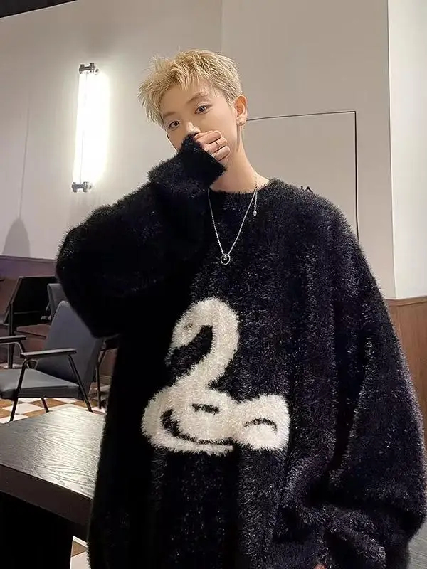 Черный ленивый мягкий клейкий свитер мужской осенне-зимний новый американский