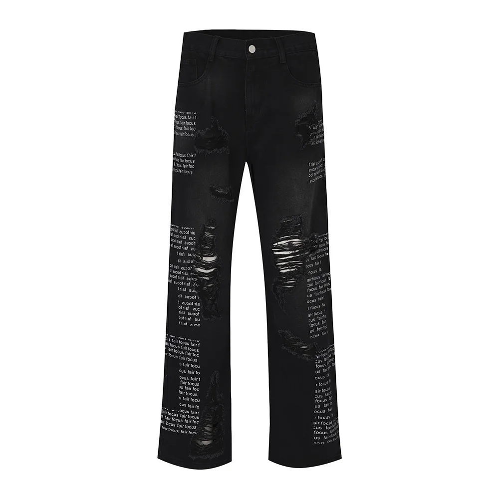 

2023 оригинальный дизайн модные черные рваные мешковатые джинсы унисекс прямые в стиле High Street состаренные Свободные повседневные джинсовые брюки