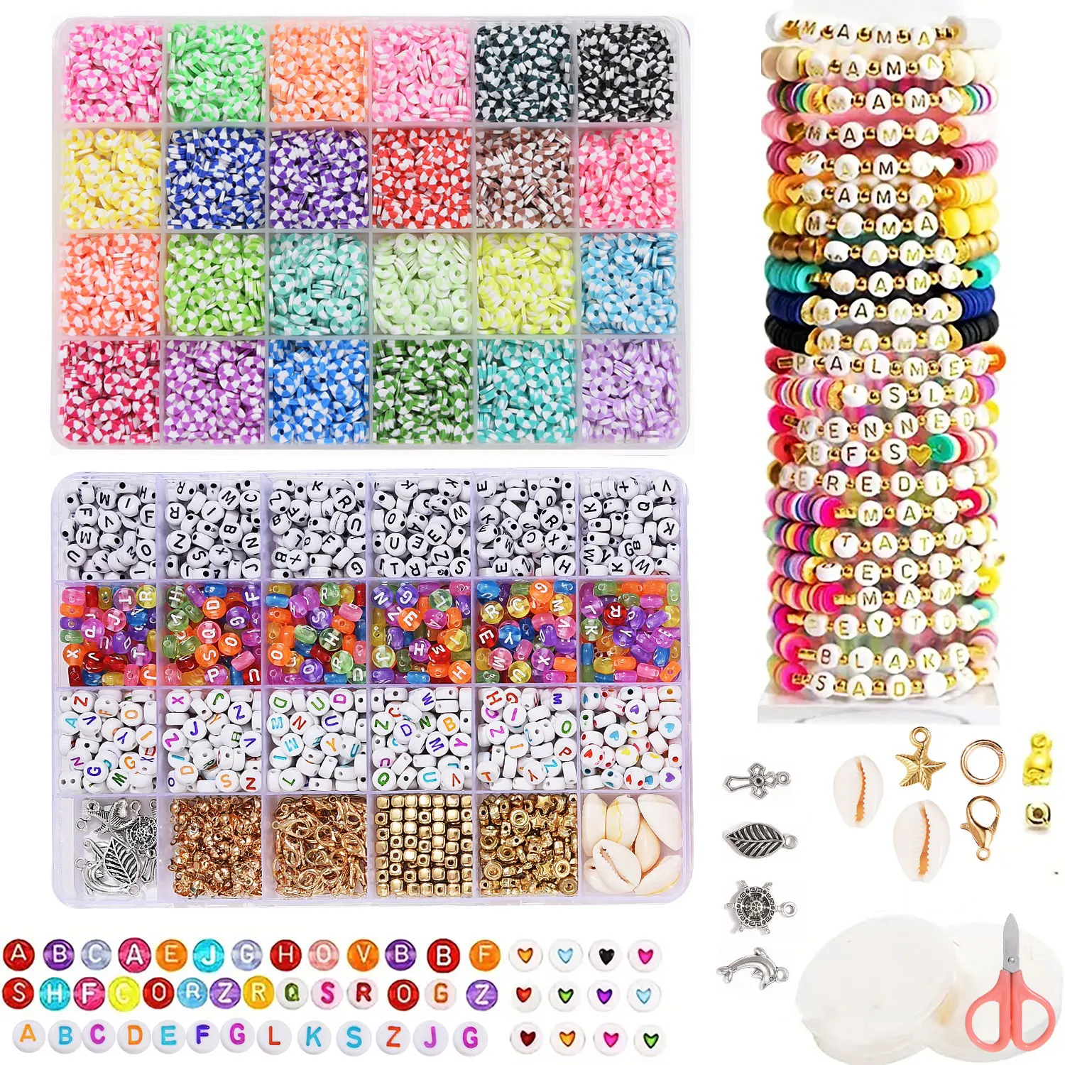 

7000 Pcs Bead Accessories Kit DIY Polymer Clay Beads Set 6MM Rainbow Color Flat Chip Beads Boho Bracelet Necklce Making Letter
