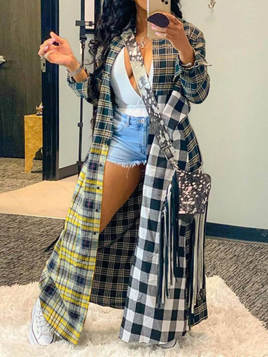 

LW Basic 2022 New Women Winter Woolen Coats Female Plaid Print Casual Patchwork Trench Ladies Outwear Long Jacket Overcoats